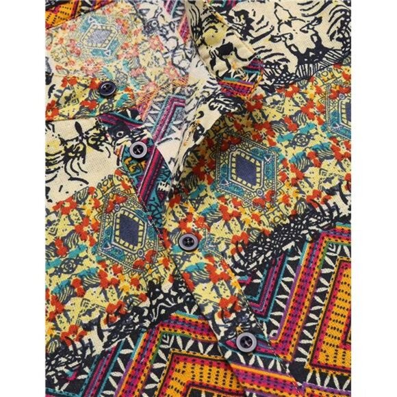 Men's Cotton Linen Henley Shirt Long Sleeve Hippie Casual Beach T Shirts - Picture 5 of 7